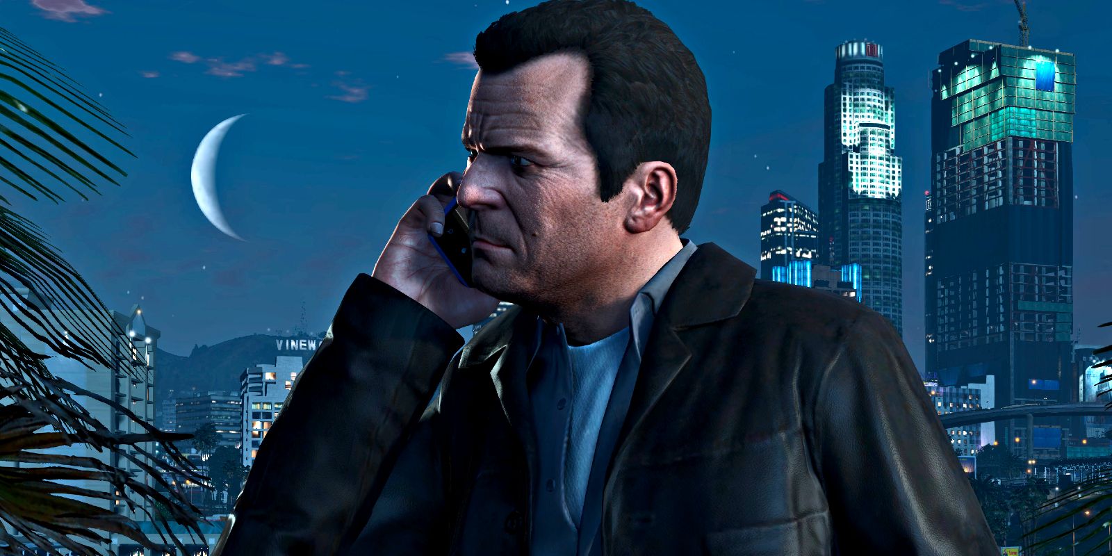 Michael DeSanta from Grant Theft Auto 5 holding a cell phone