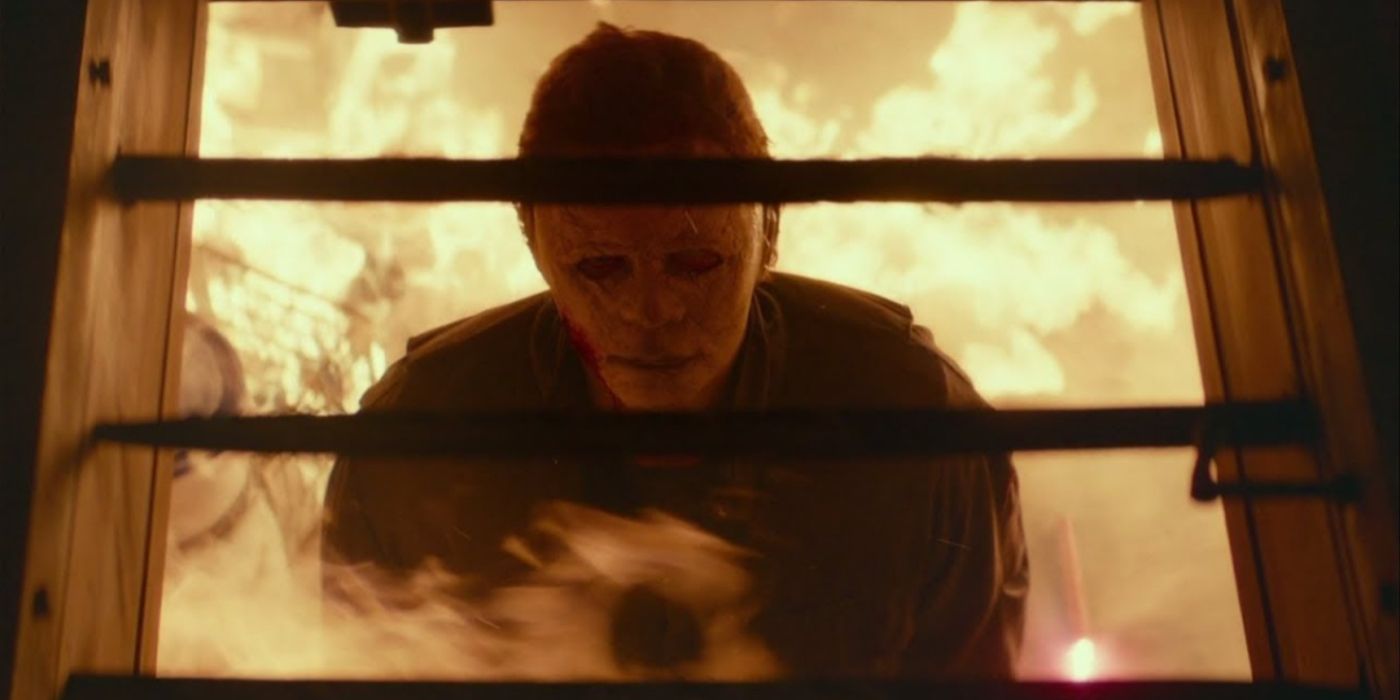 Michael Myers (James Jude Courtney) burning in the Strode trap in Halloween 2018