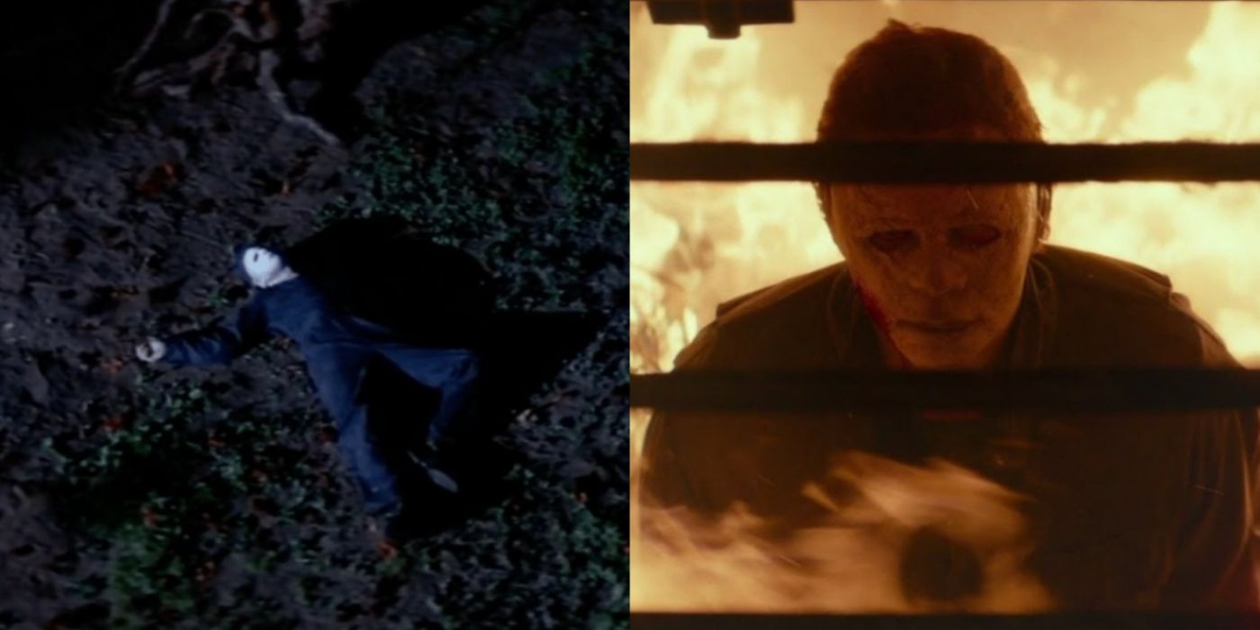 Split Image: Michael After Being Shot By Dr. Loomis In Halloween 1978 And Michael Burning In The Strode Trap In Halloween 2018.