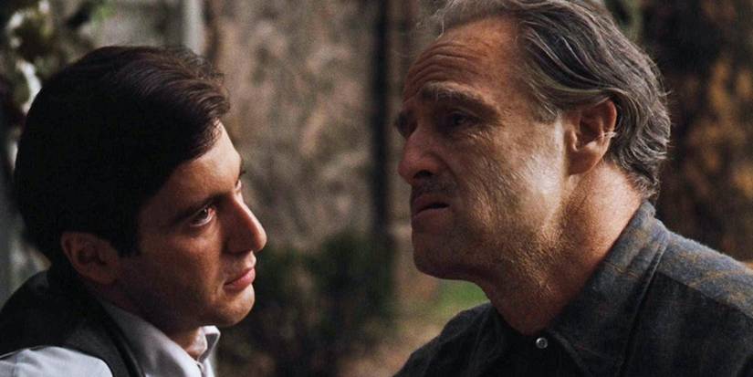 Al Pacino's Michael talking to Marlon Brando's Vito in The Godfather.