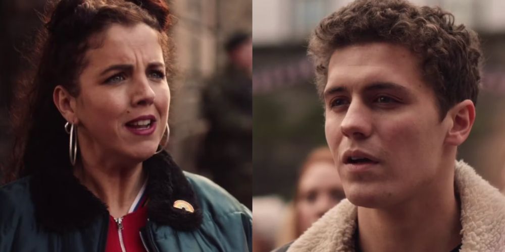 A split image features Michelle and James in Derry Girls Season 2