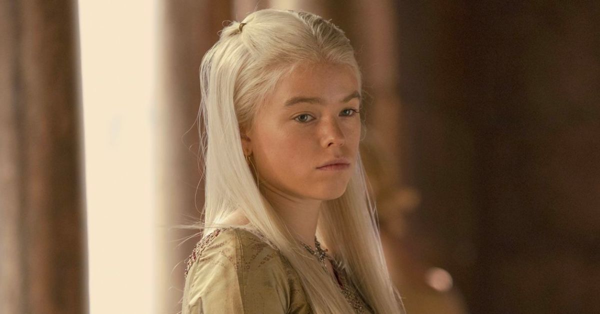 Milly Alcock wearing a gold dress as Rhaenyra Targaryen in House of the Dragon season 1