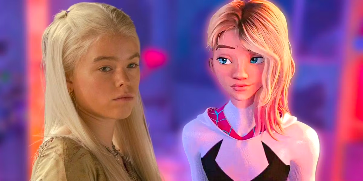 Milly Alcock from House of the Dragon collage with Spider Gwen from animated Spider-Man: Into the Spider-Verse movie