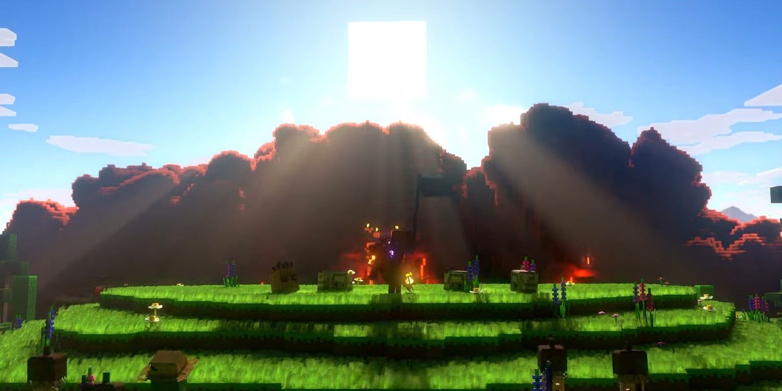 Screenshot from the Minecraft Legends trailer featuring a sun rising over a mountain.