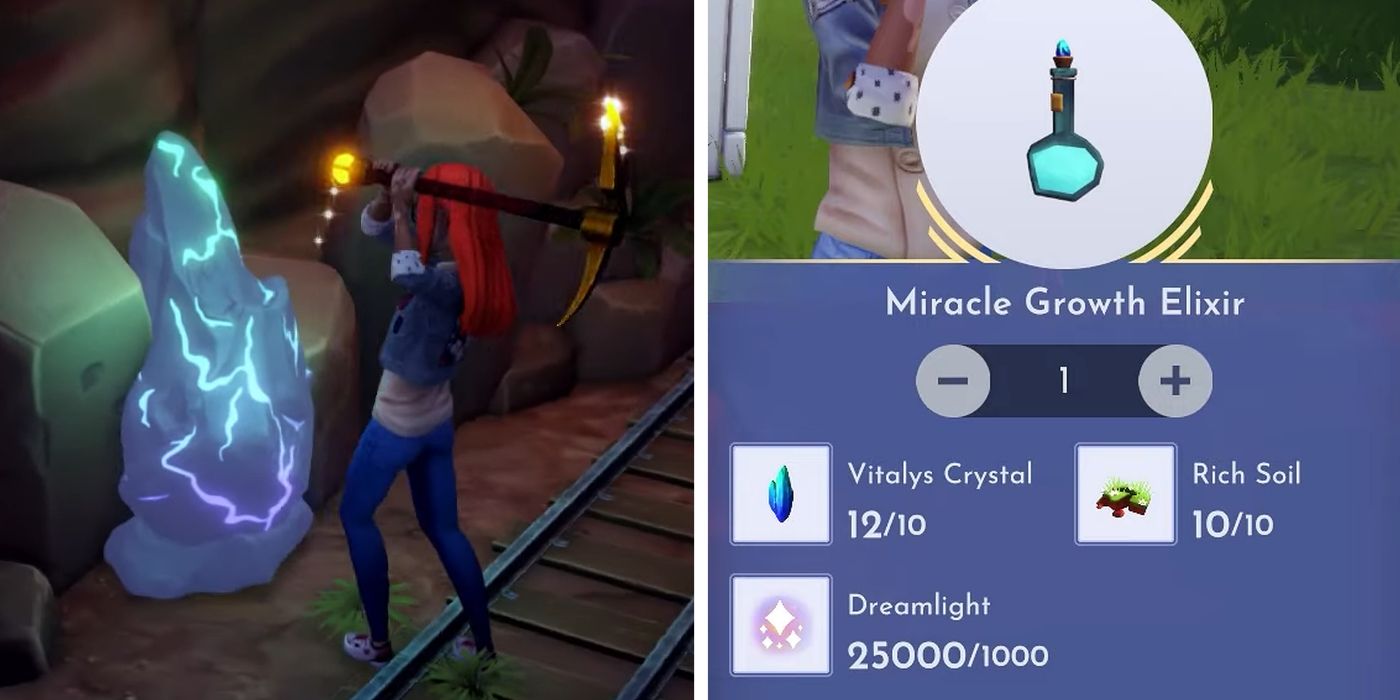 Mineração de cristais Vitalys para o elixir de crescimento milagroso no Disney Dreamlight Valley