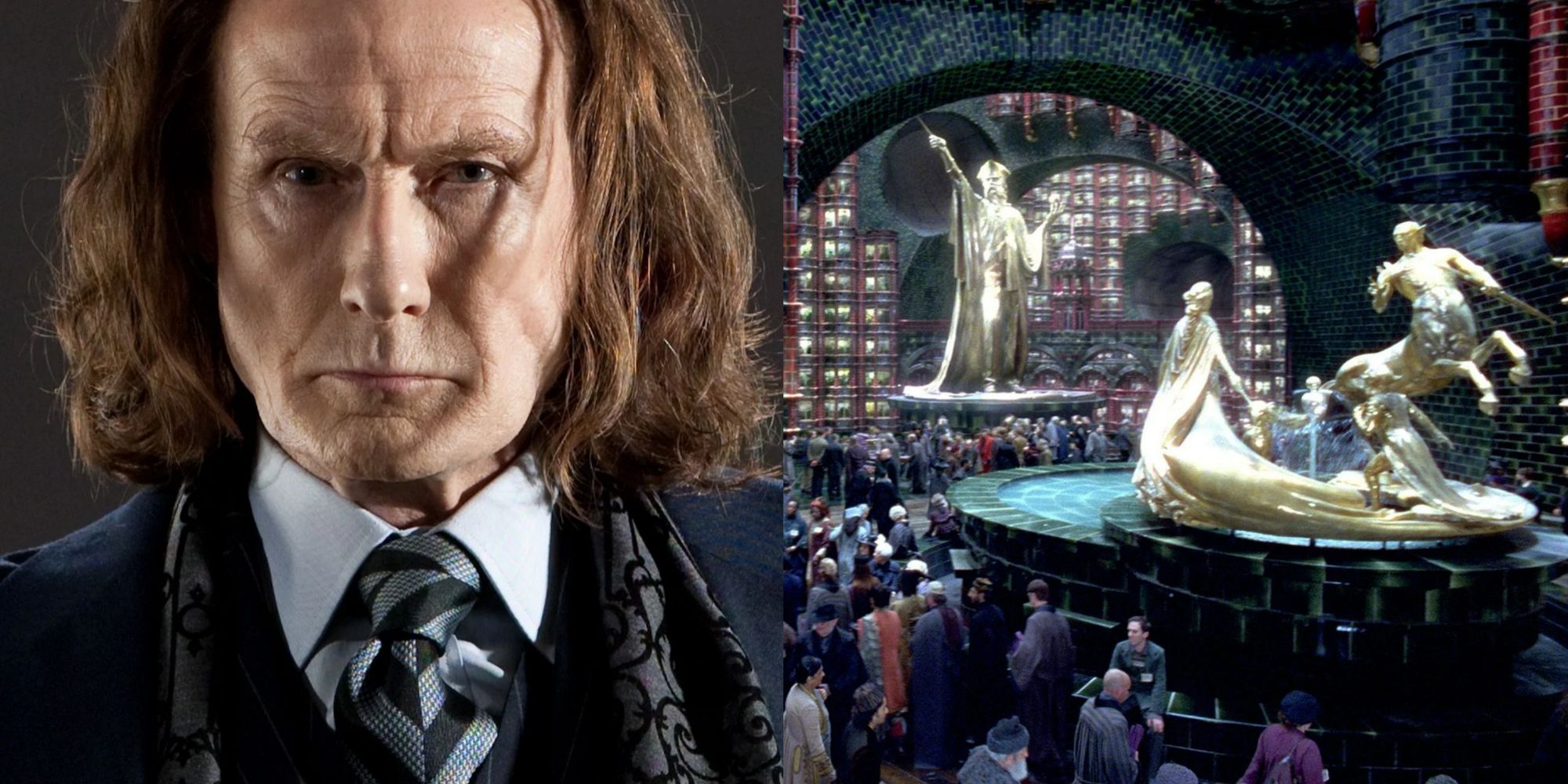 A split image showing Rufus Scrimgeour on the left and the Ministry of Magic on the right from Harry Potter. 