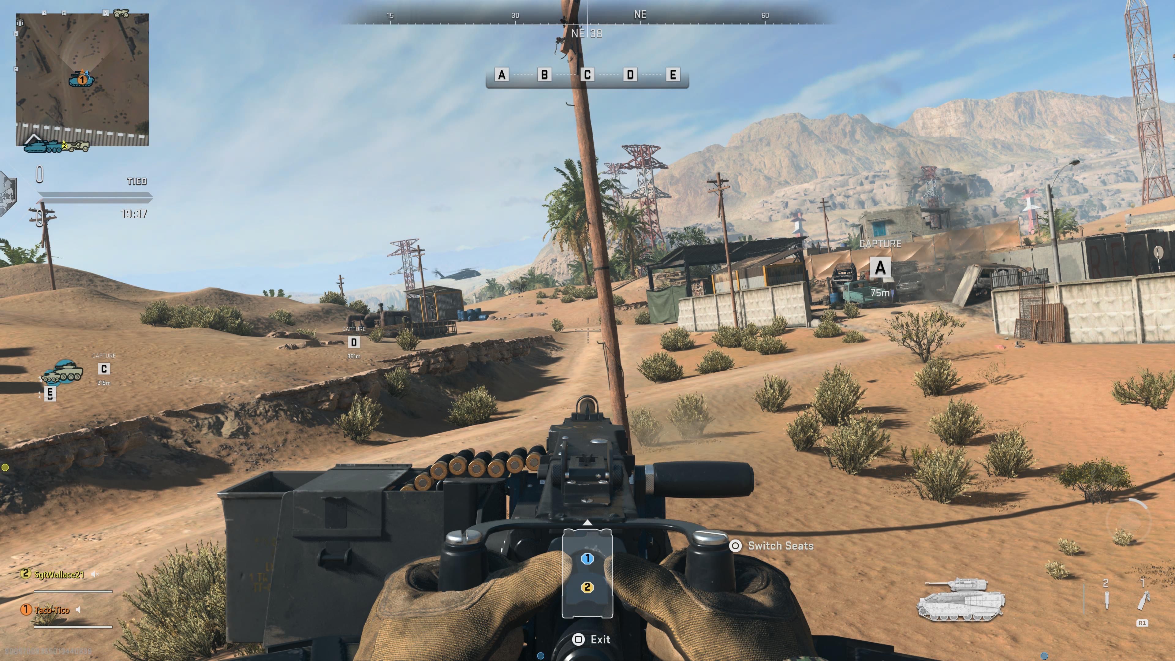 An in-match screenshot from Modern Warfare 2's Ground War mode, where the player is operating a turret atop a light tank.