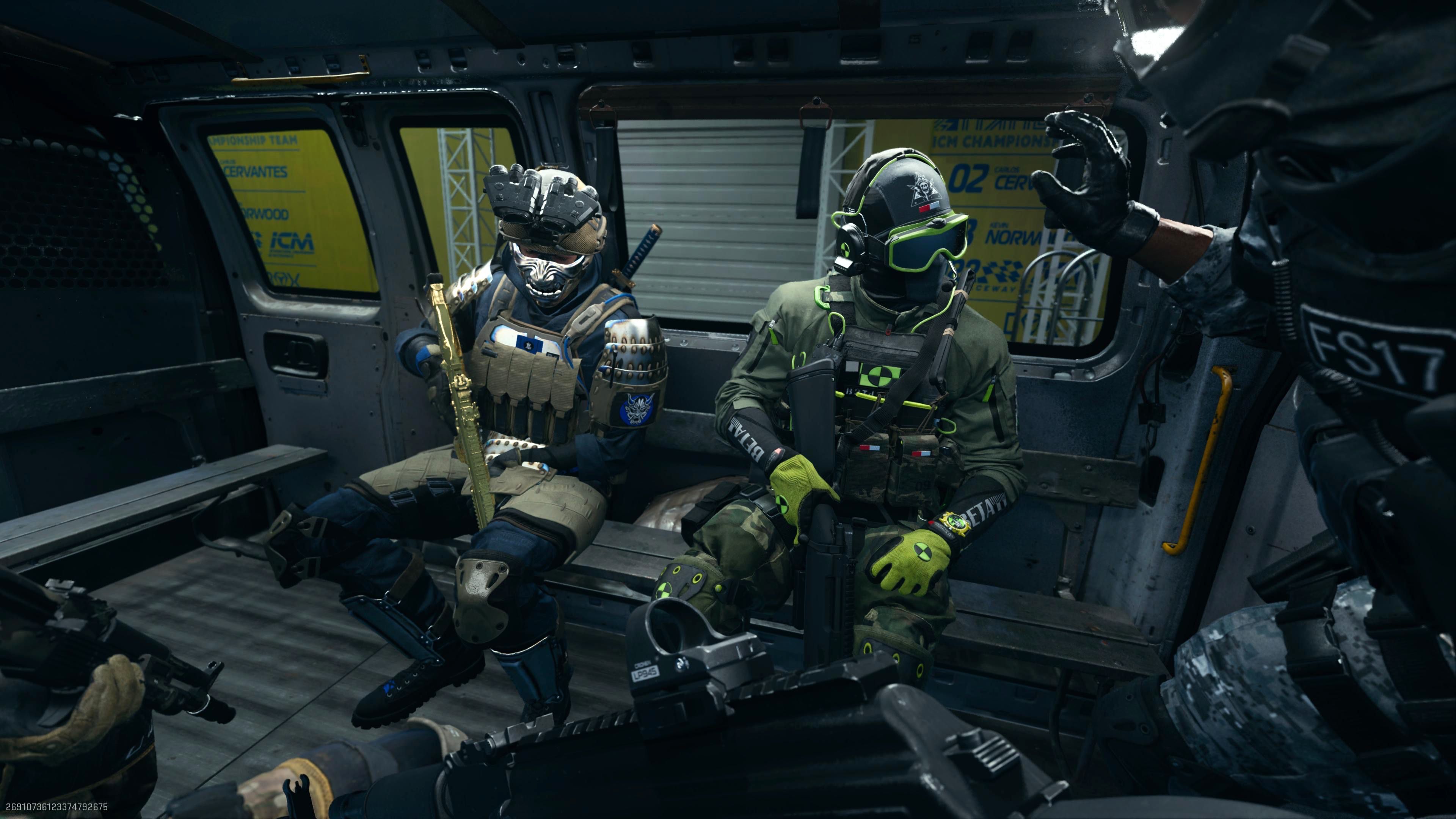 Players waiting in Modern Warfare 2's pre-game cutscene, showing the skins and weapon camps players have equipped.