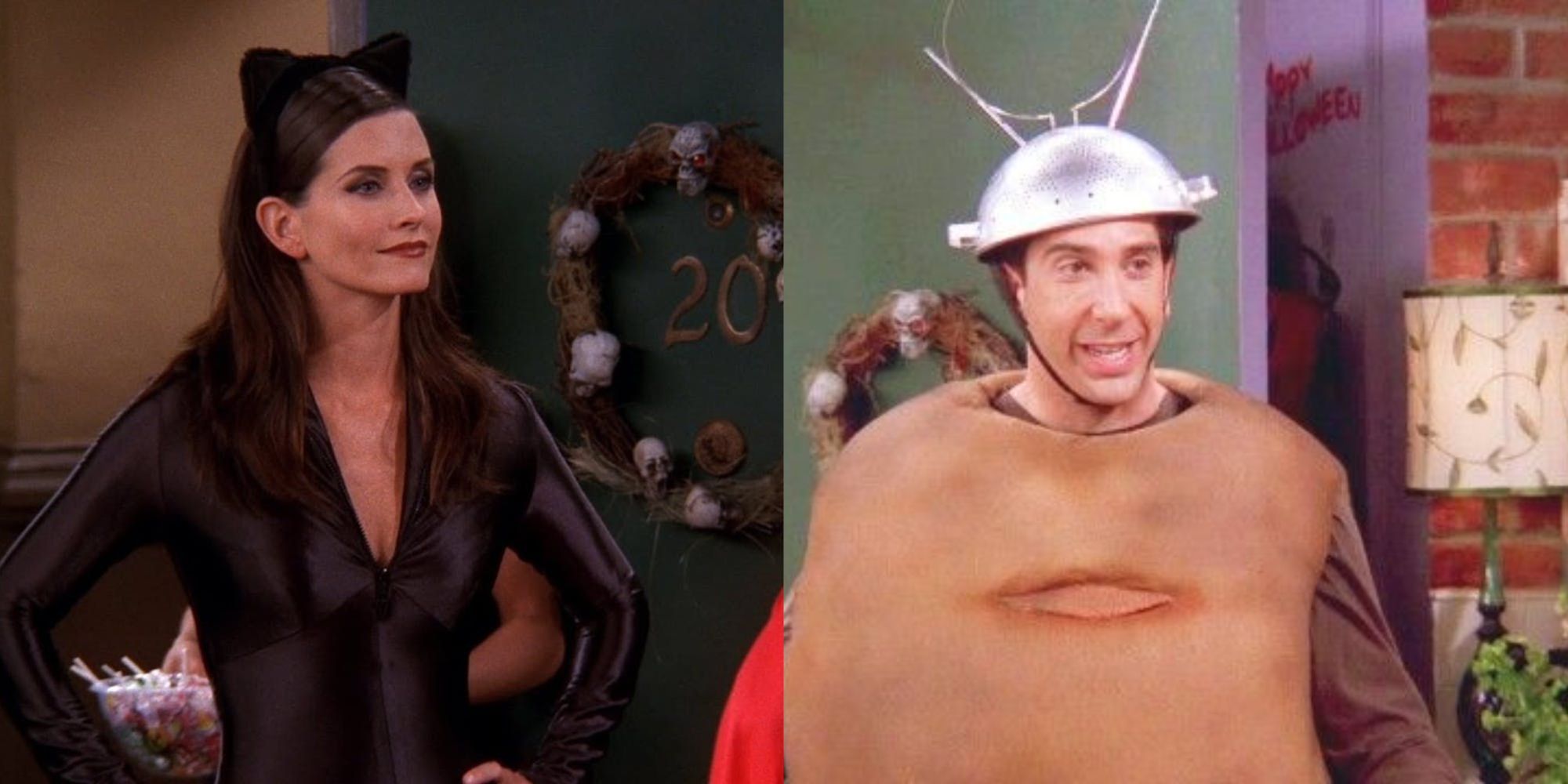 Monica as Catwoman and Ross as Spudnick at the purple apartment in Friends.