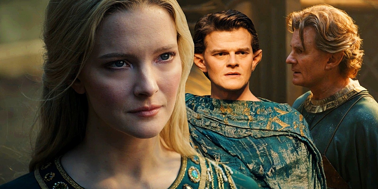 Morfydd Clark as Galadriel, Robert Aramayo as Elrond and Charles Edwards as Celebrimbor in The Rings of Power episode 8