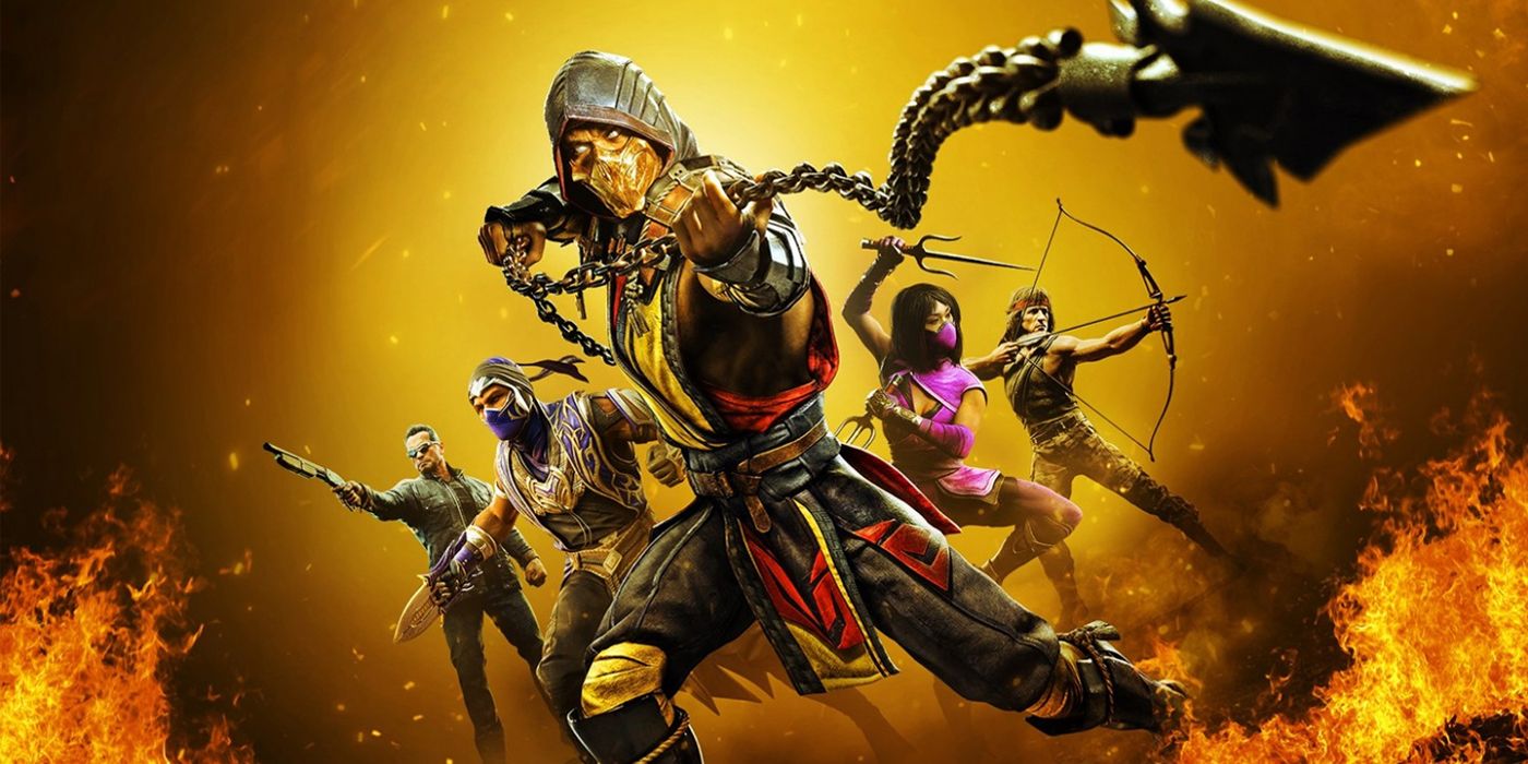 Mortal Kombat 11 art featuring Scorpion, Kitana and DLC characters like Rambo and The Terminator