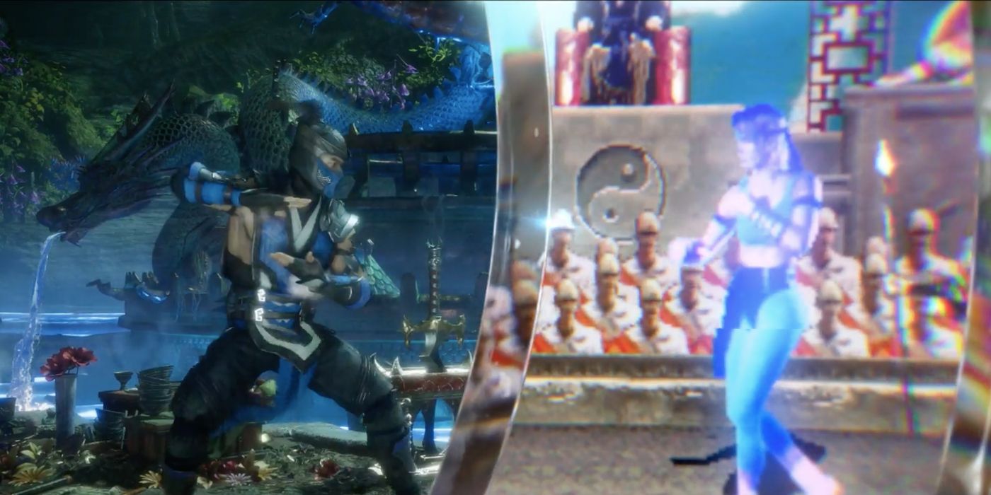 Screencap from the Mortal Kombat 30th anniversary celebration video. Stood on the left, Sub Zero from Mortal Kombat 11 fires a freeze blast at Sonya Blade from the original Mortal Kombat, stood on the right. 