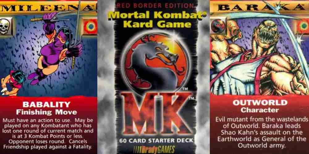 Mortal Kombat card game's cover and two cards from the game.