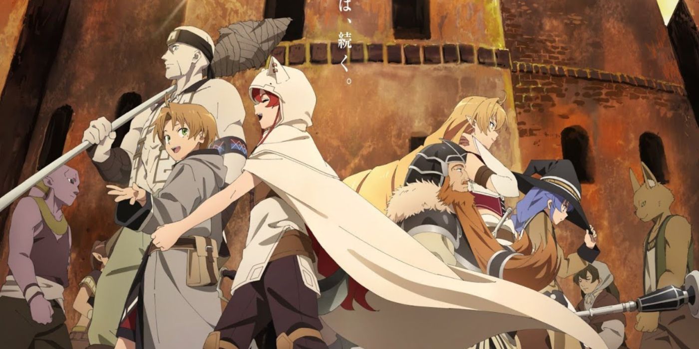 Arte chave da segunda temporada de Mushoku Tensei apresentando Rudeus com seu bando de companheiros.