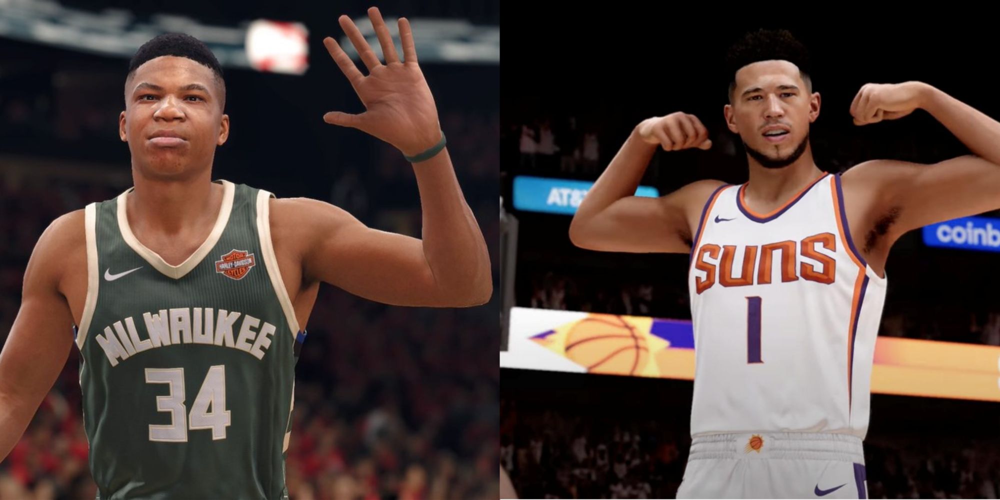 Split image of Giannis Antetokounmpo and Devin Booker