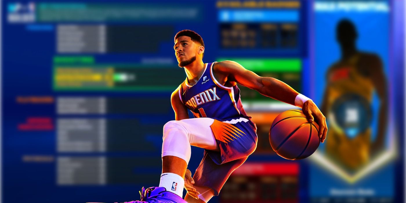 NBA 2k23 MyPlayer Stats Screen Blurred With Cover Art in Foreground