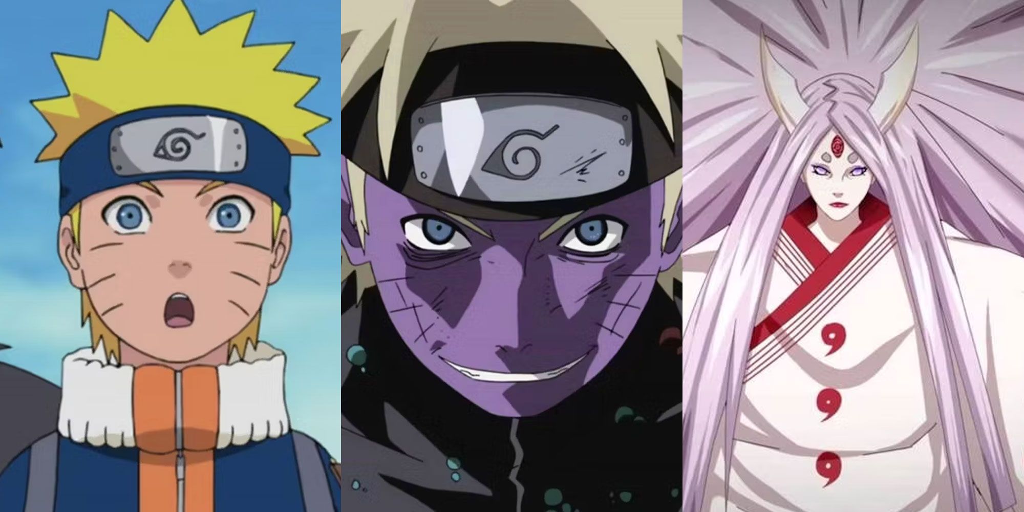 A split image features a surprised Naruto, an ill Naruto, and a powerful Kaguya in the Naruto anime