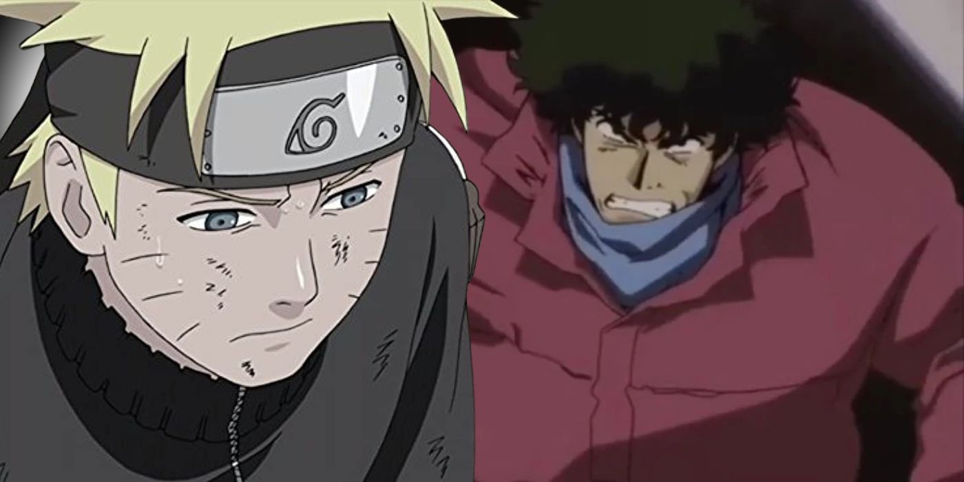 Naruto looking sad while Cowboy Bebop's Spike looks mad.