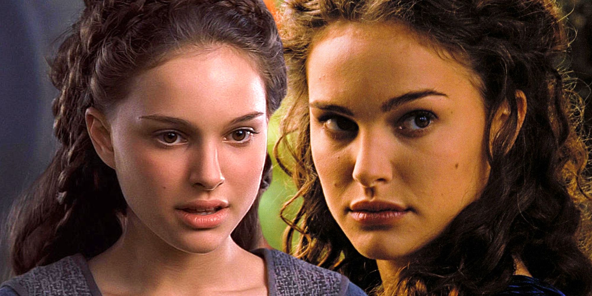 Natalie Portman as Padme in the Star Wars prequel trilogy from The Phantom Menace on the left and Attack of the Clones on the right