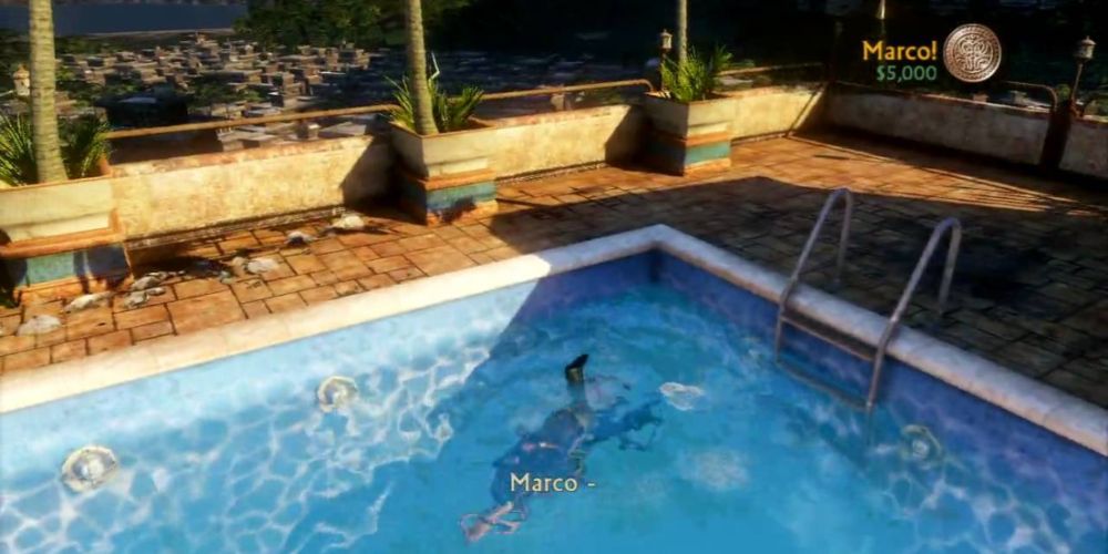 Nate em uma piscina em Uncharted 2