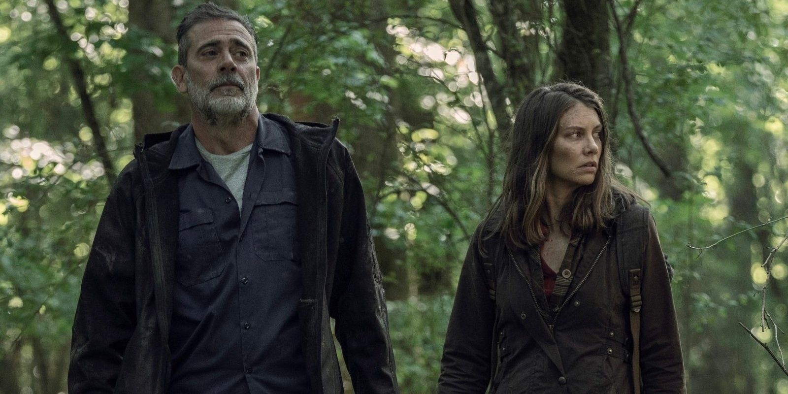 Negan and Maggie in the woods in The Walking Dead