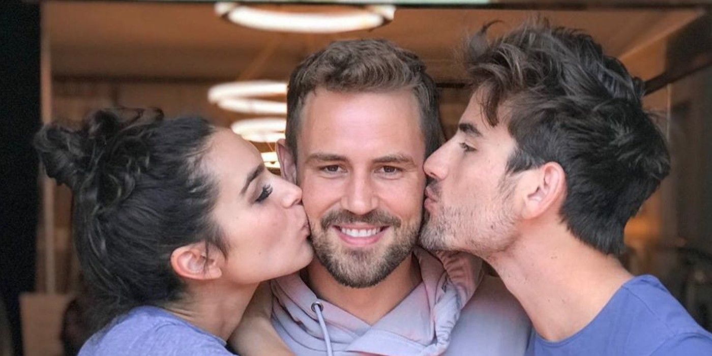 Bachelor Nation stars Nick Viall, Ashley Iaconetti and Jared Haibon two castmates kissing nick