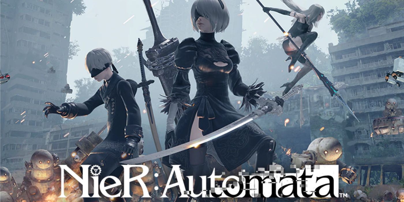 NieR:Automata key art featuring 2B, 9S, and A2 fighting a horde of machines.