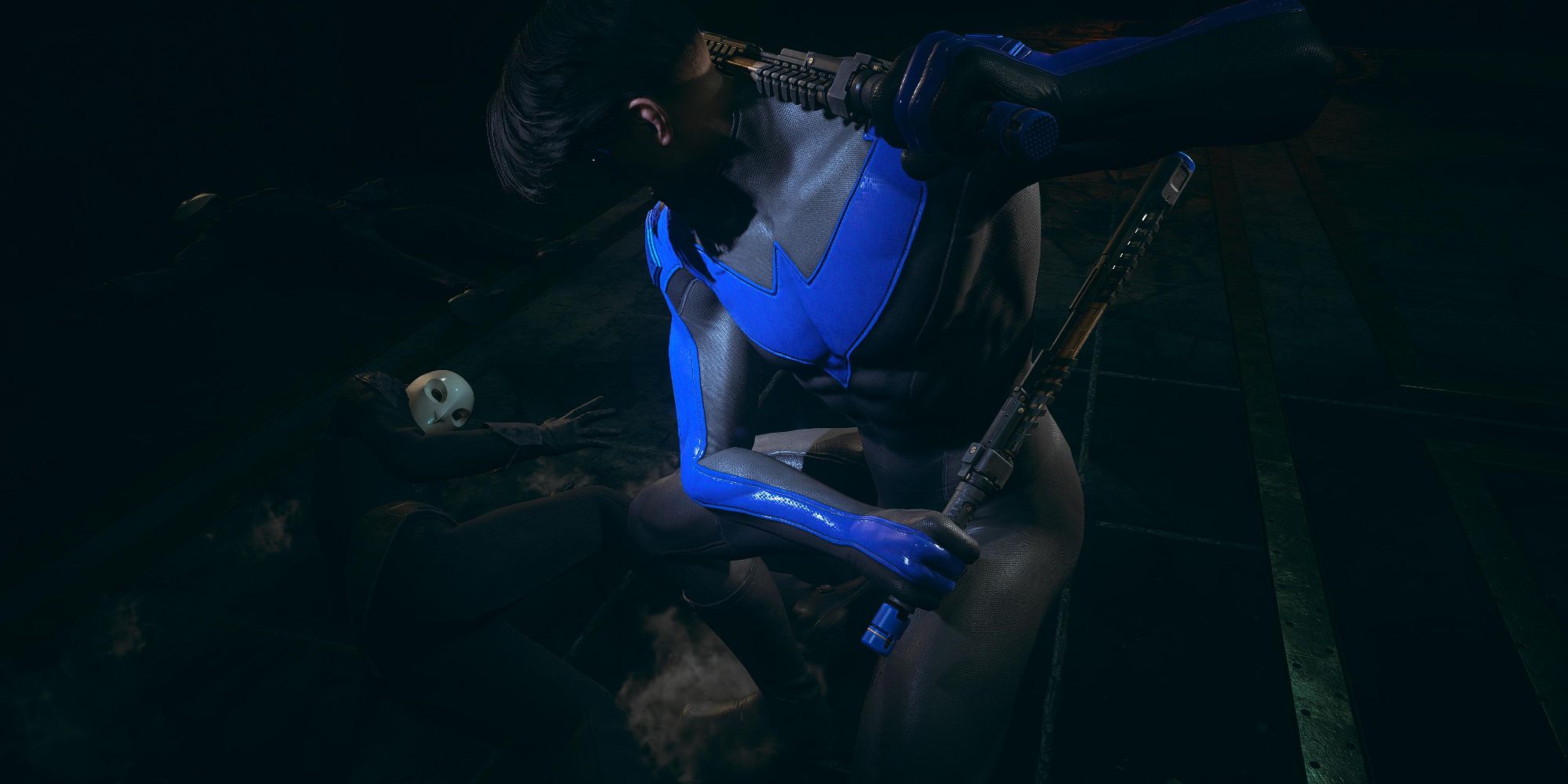 Nightwing attacking a Court Of Owls official with an Escrima in Gotham Knights (2022)