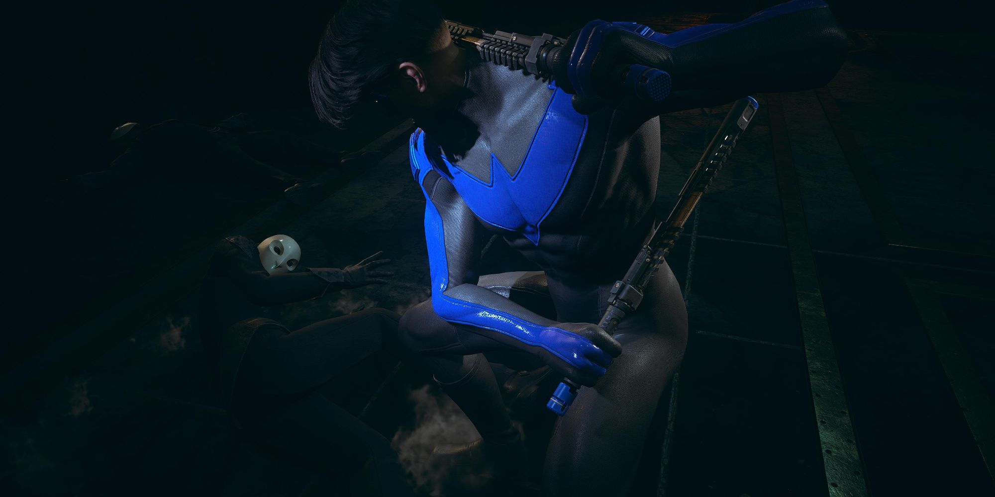 Asa Noturna atacando um oficial da Corte das Corujas com um Escrima em Gotham Knights (2022)