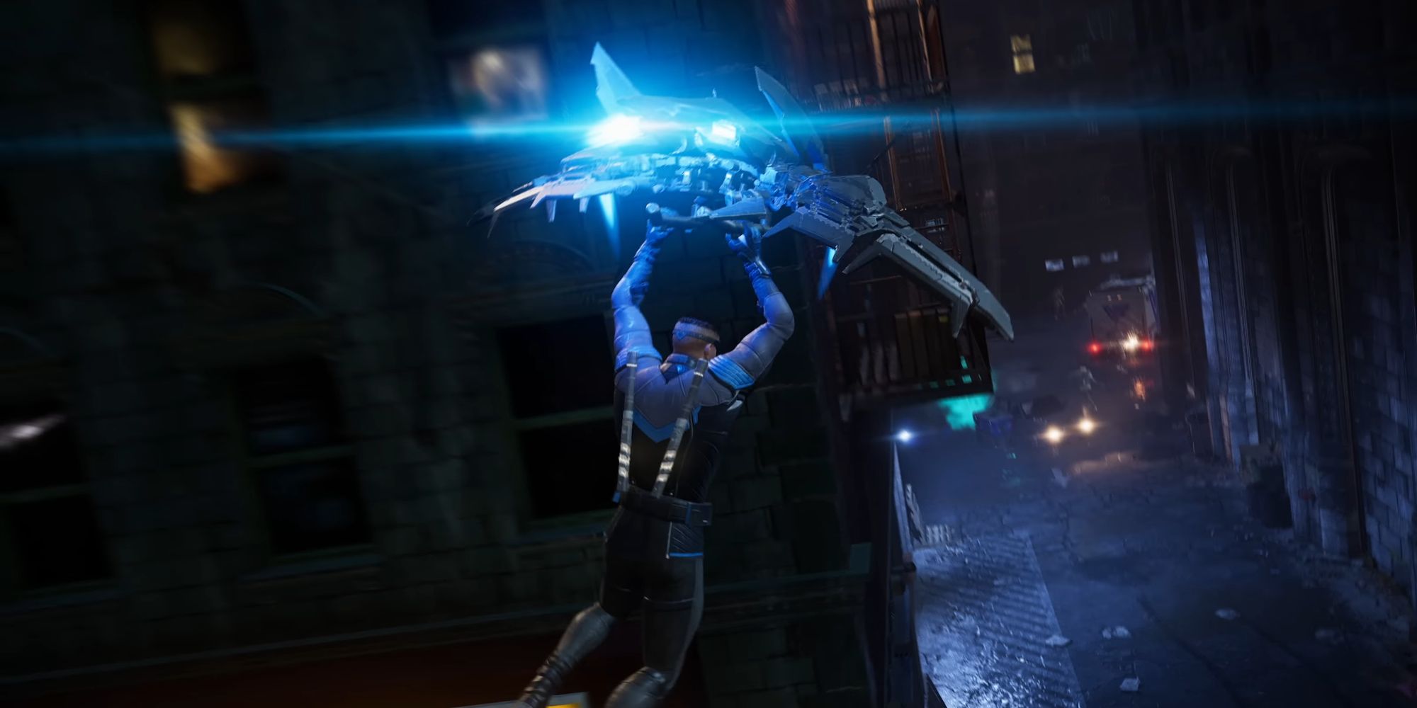 Nightwing gliding into action with his Flying Trapeze glider in Gotham Knights (2022)