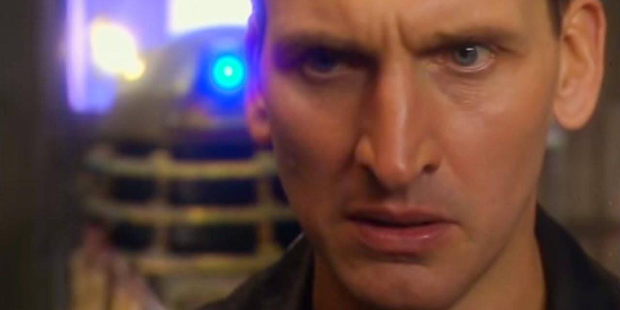 The Ninth Doctor confronts a Dalek in Doctor Who.