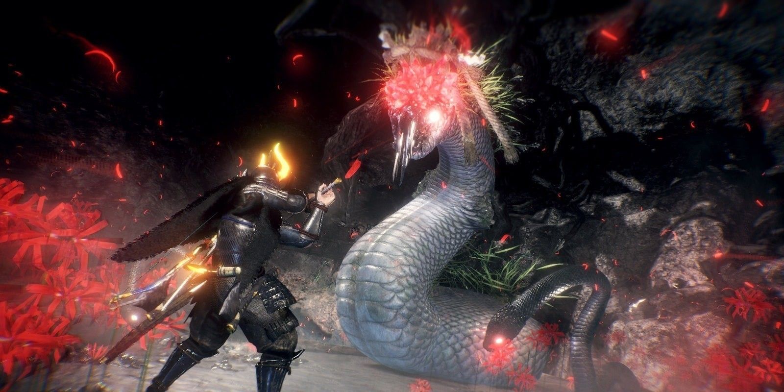 Nioh 2's protagonist fighting a magic serpent.