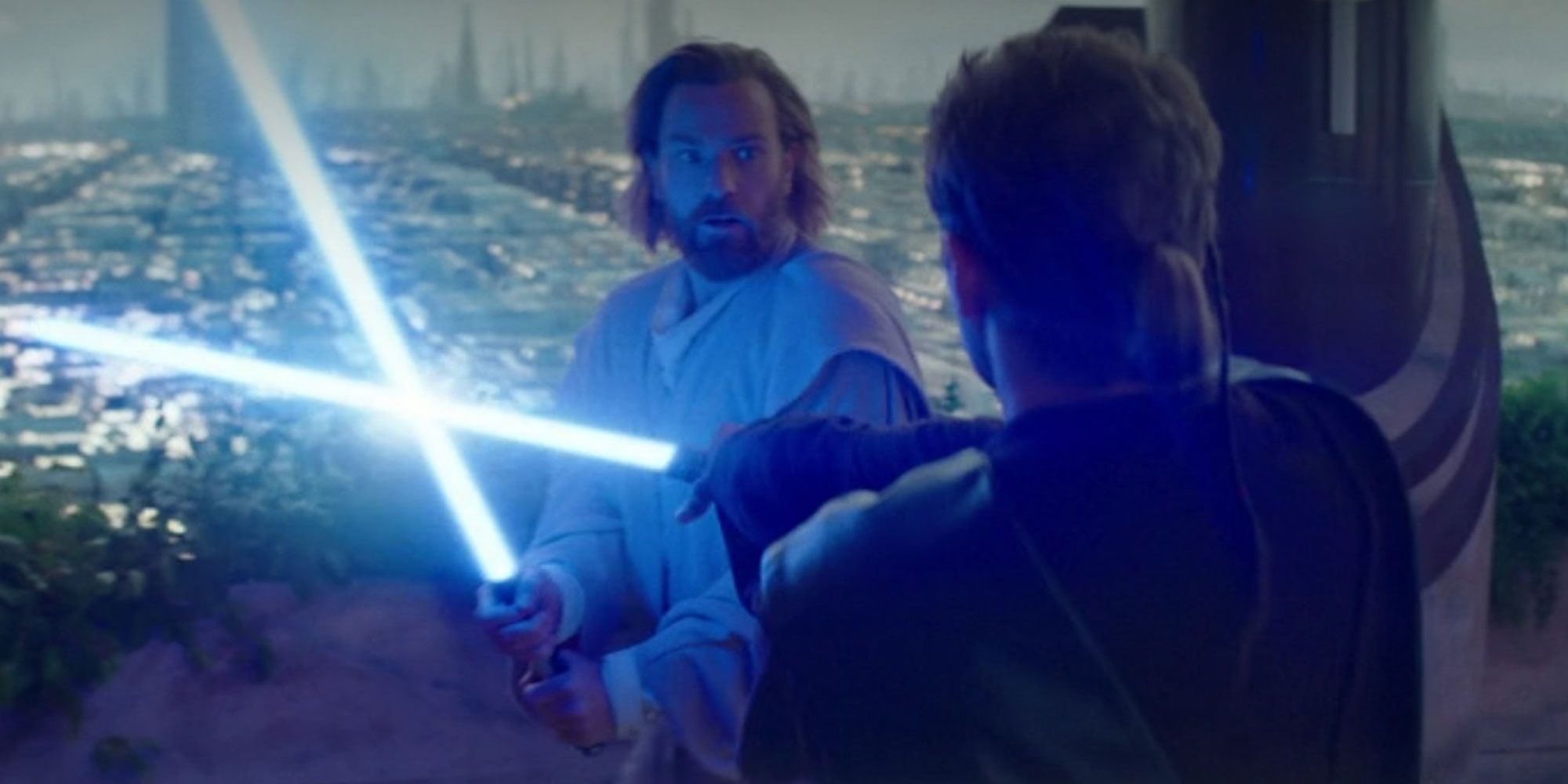 Obi Wan and Anakin dueling in a flashback