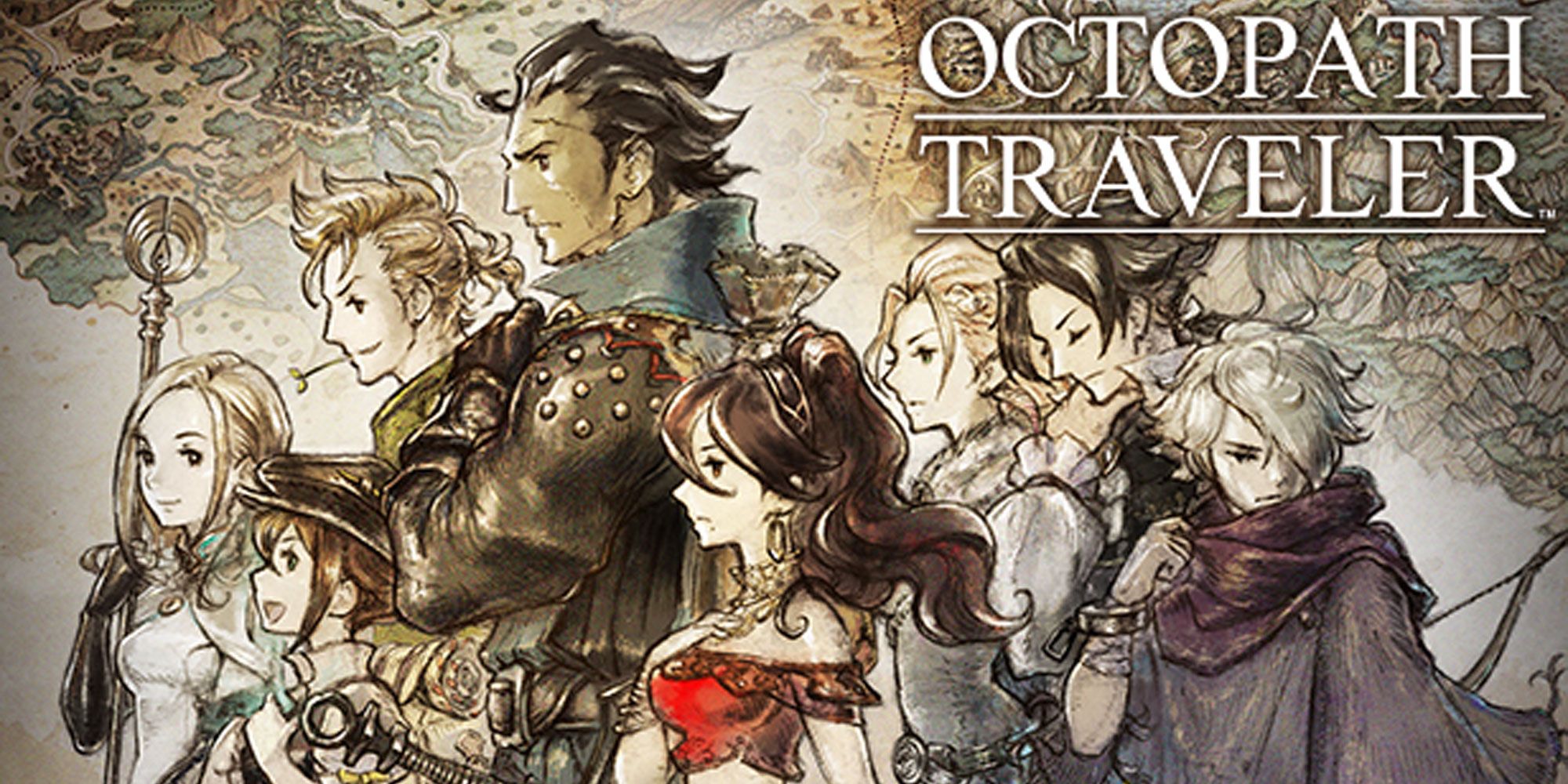 Octopath Traveler cover art featuring the main eight characters under the game&rsquo;s stylized title.