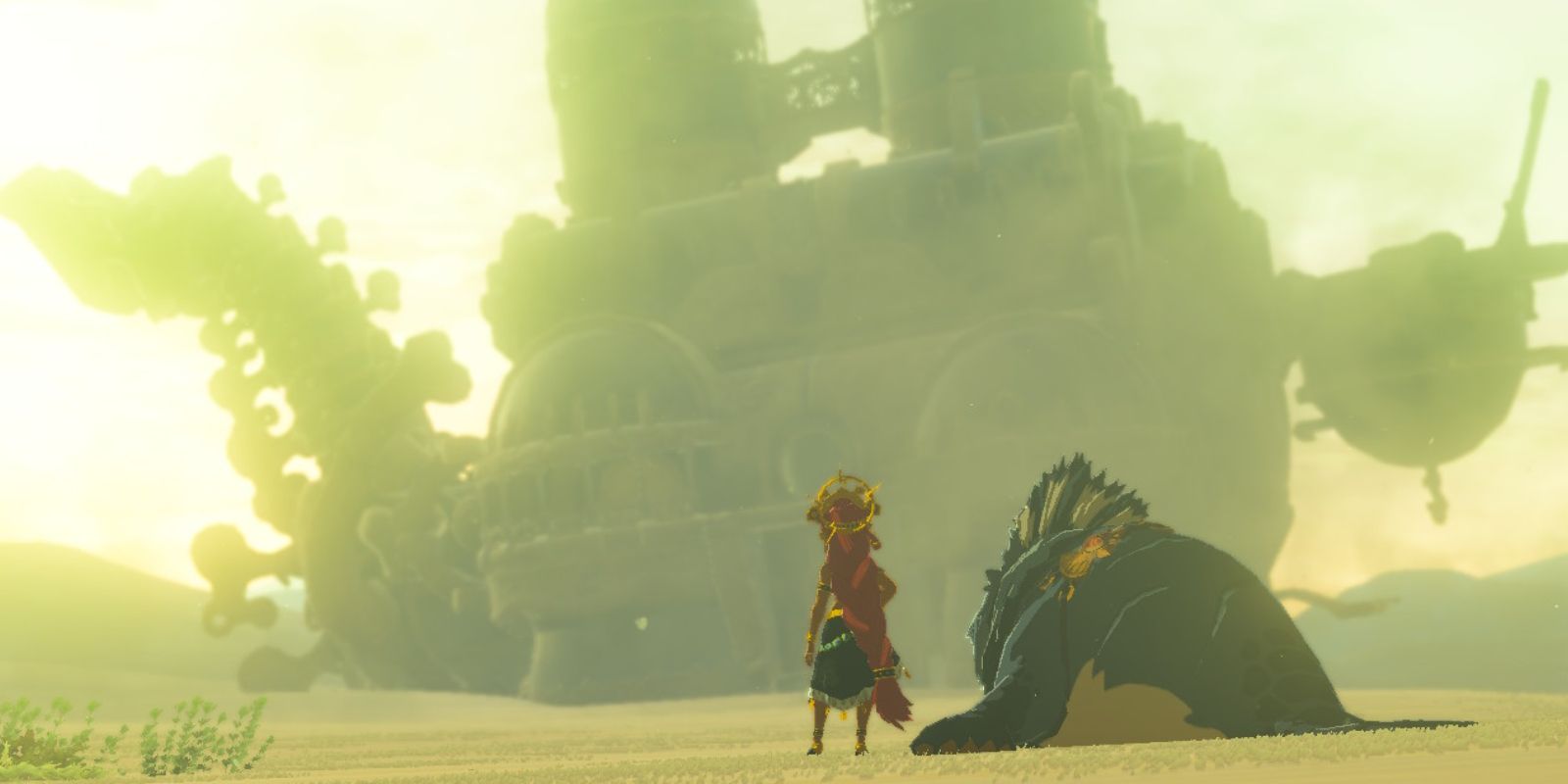 Two Breath of the Wild characters observe a Divine Beast from a distance.