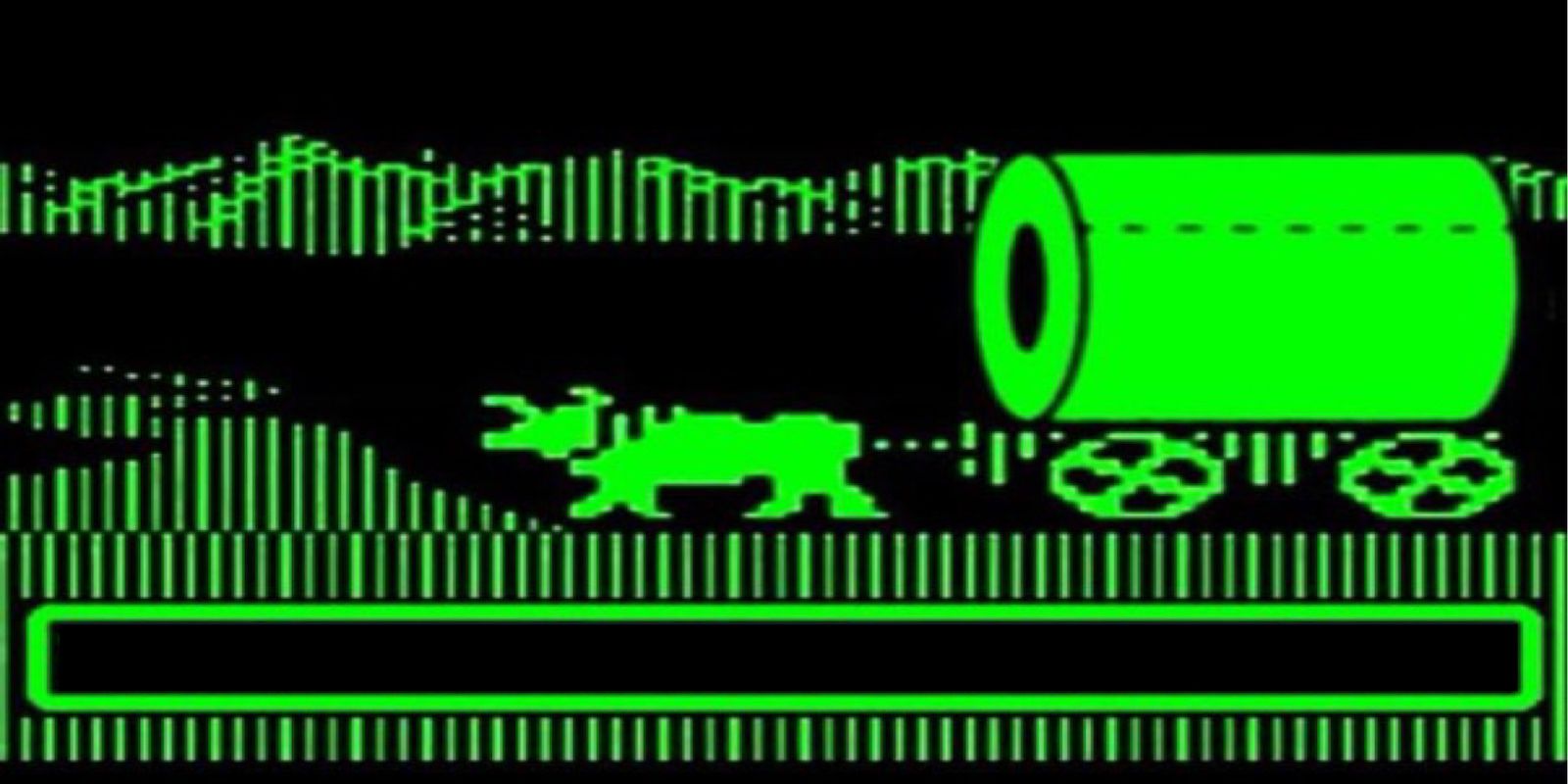 An image of The Oregon Trail's retro computer graphics, all in green on a black screen.