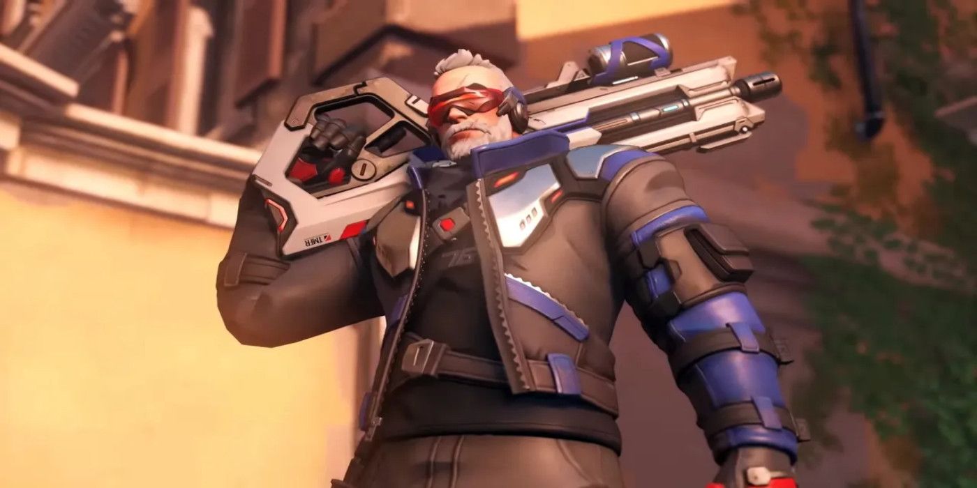 Image of Soldier 76 as seen in Overwatch 2. Soldier's new design has given him a beard and a darker unzipped jacket.