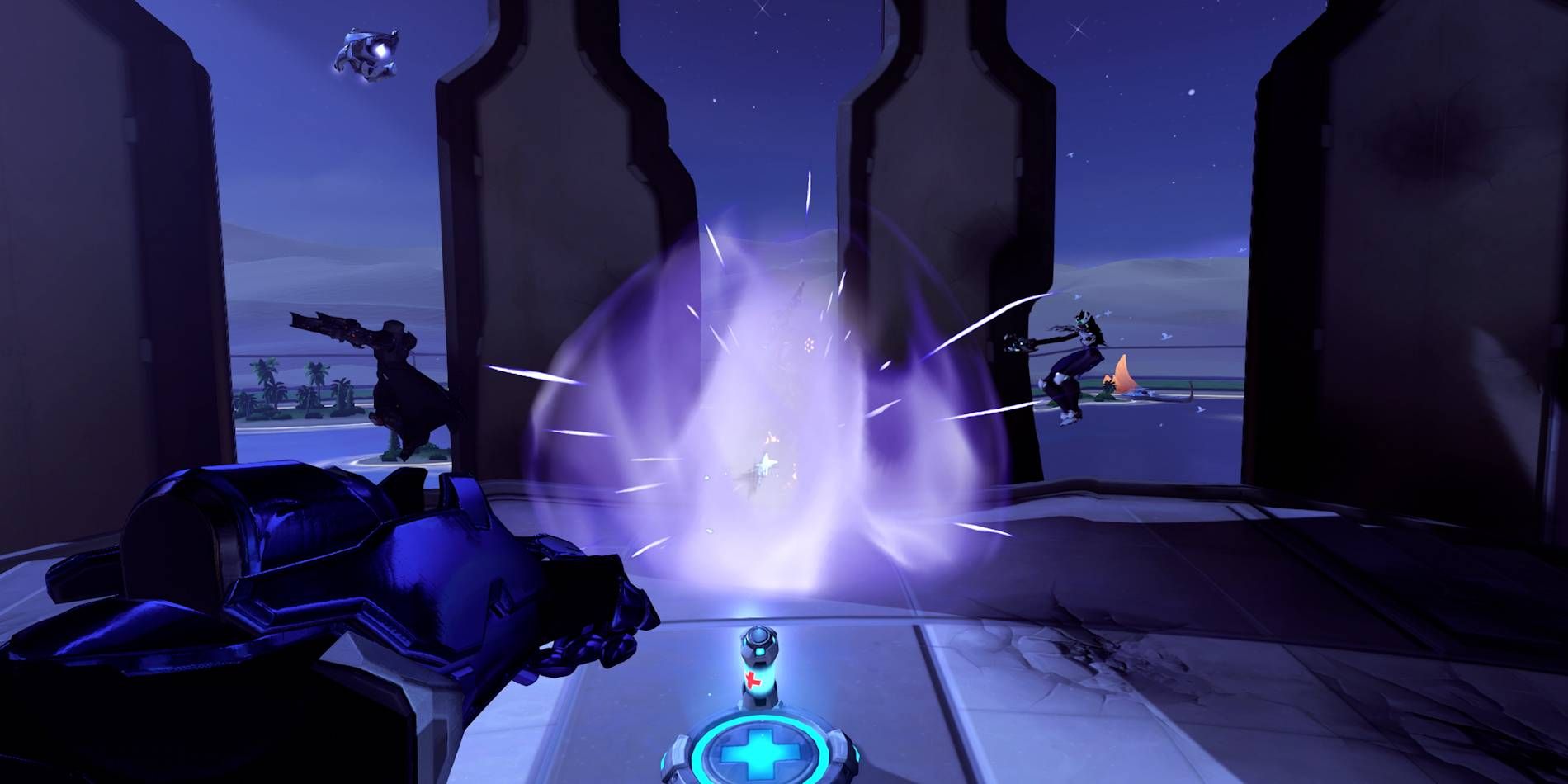 Overwatch 2 Pharah Concussive Blast Demonstration Screenshot Knocking Off Symettra and Reaper off Anubis Map