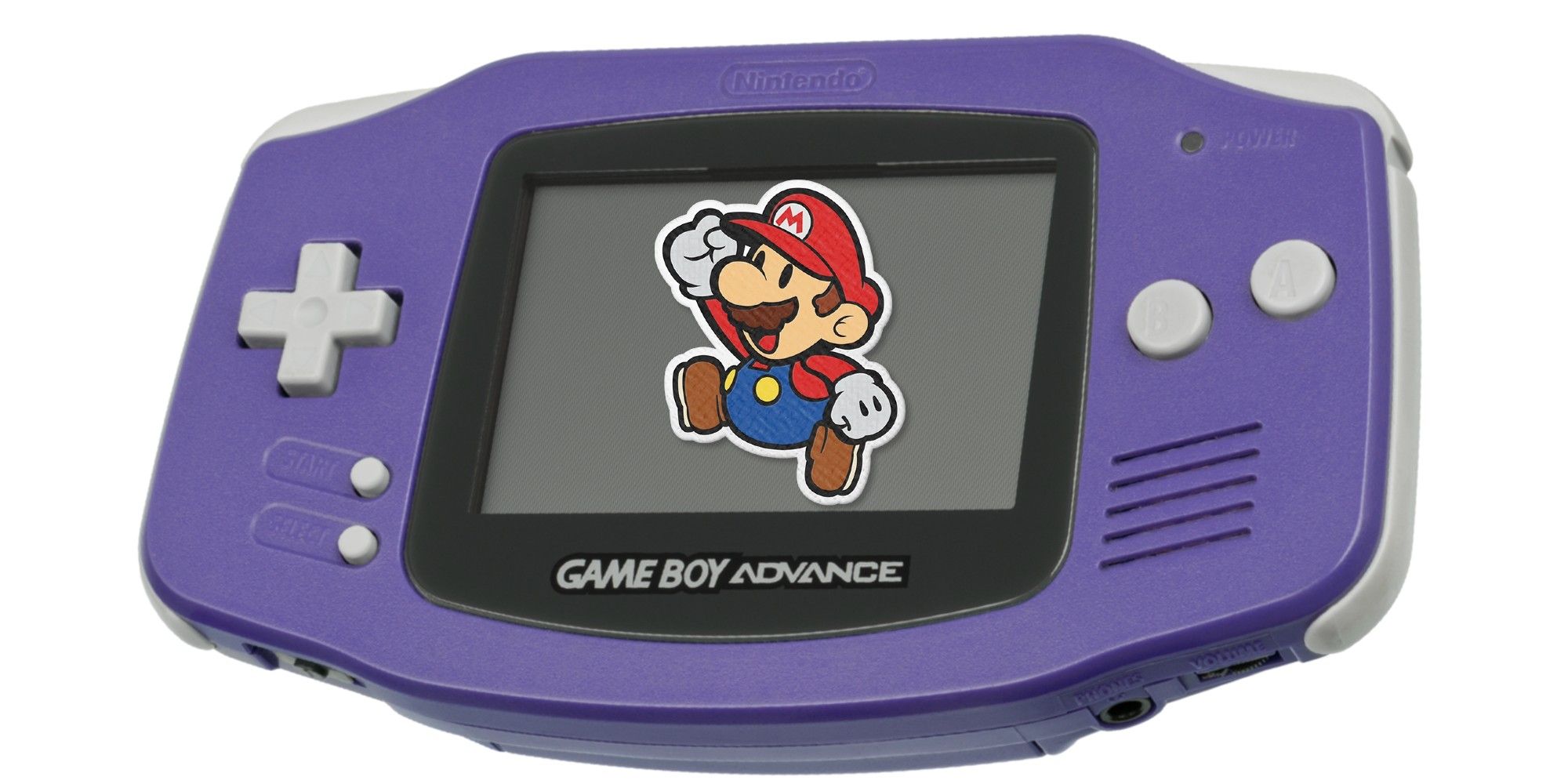 Paper Mario on the screen of a purple Game Boy Advance.