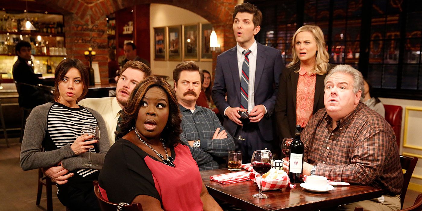 Parks and Rec department hanging out at a restaurant