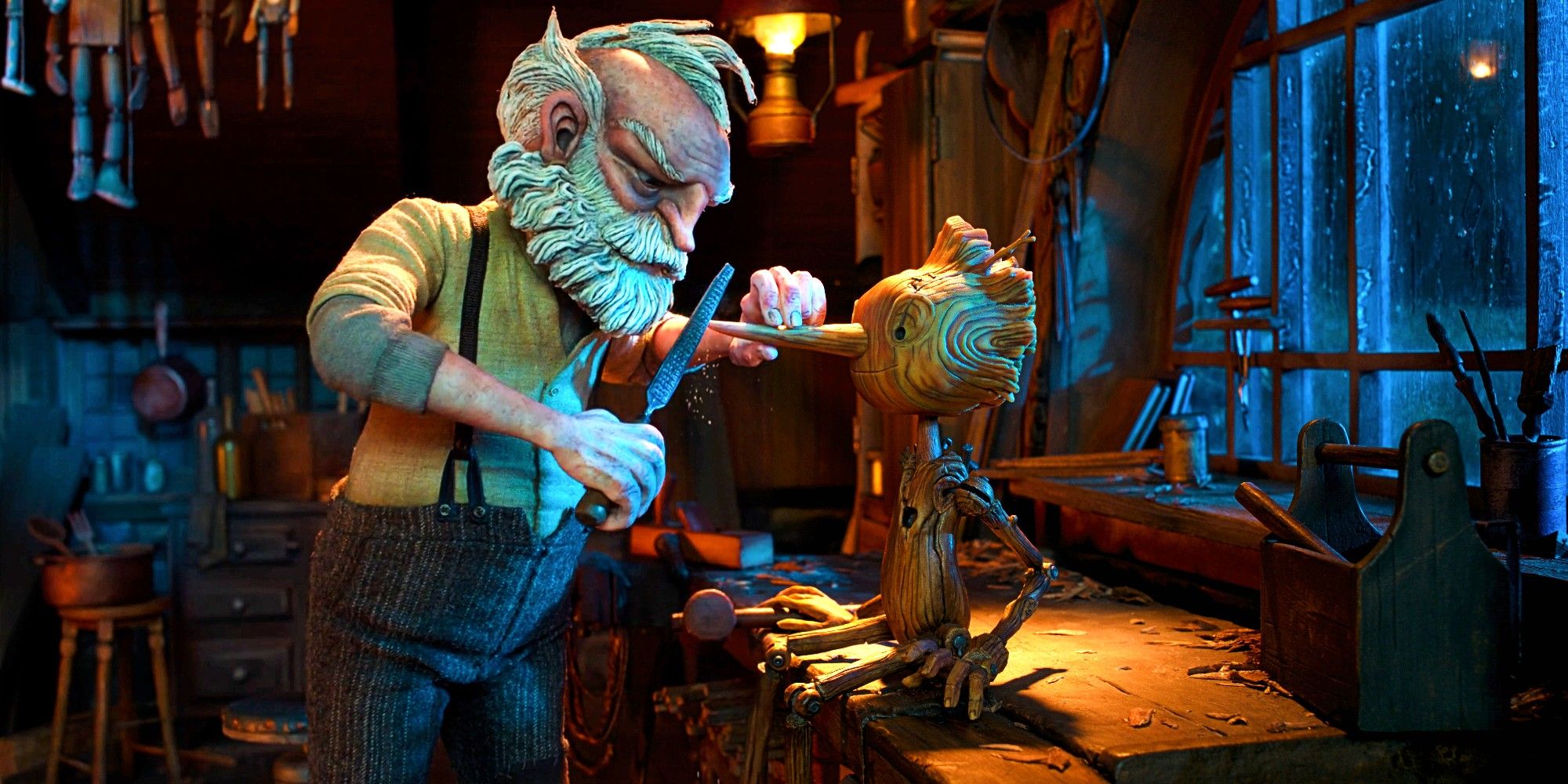 Pinocchio and Gepetto in Guillermo del Toro's Pinocchio