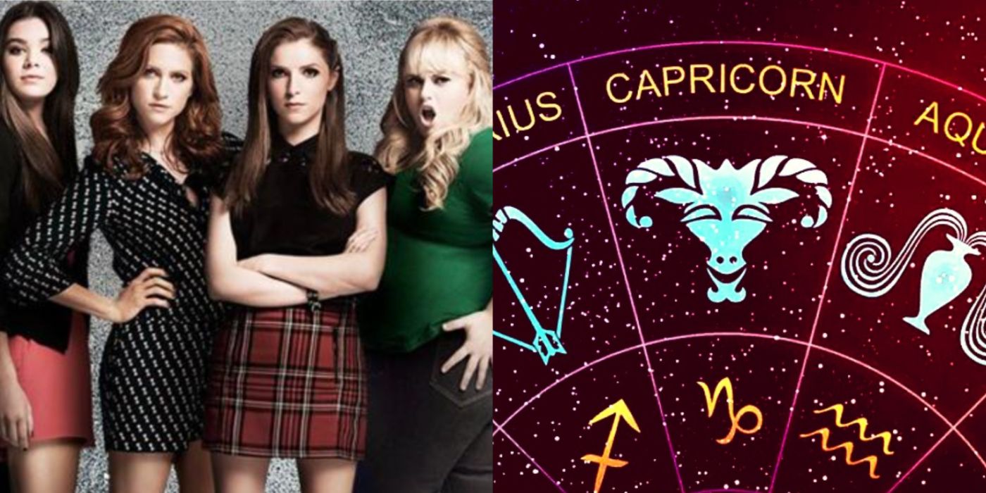 A split image features Barden Bellas Emily, Chloe, Beca, and Amy in Pitch Perfect 2 alongside a Capricorn topped zodiac wheel