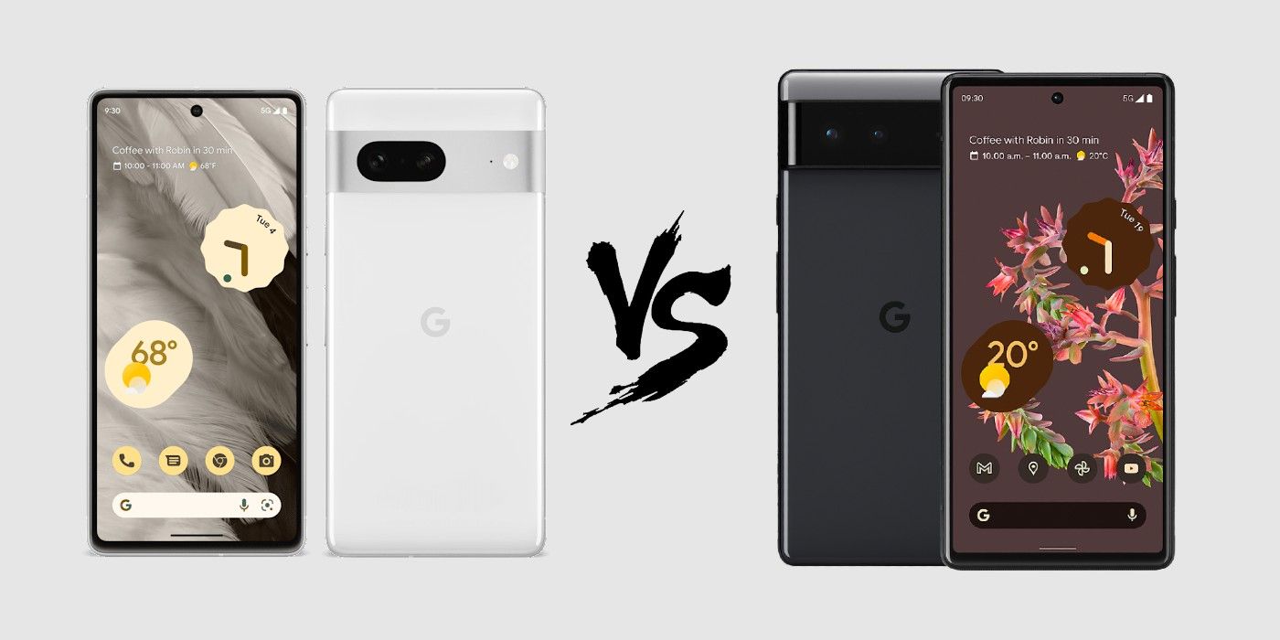 Front and back panel of Pixel 7 with Pixel 6, on a gray background