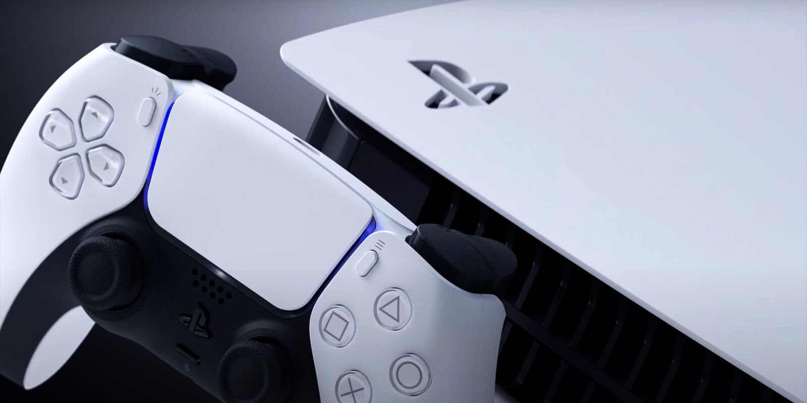 Imagem promocional de um console e controle PlayStation 5.