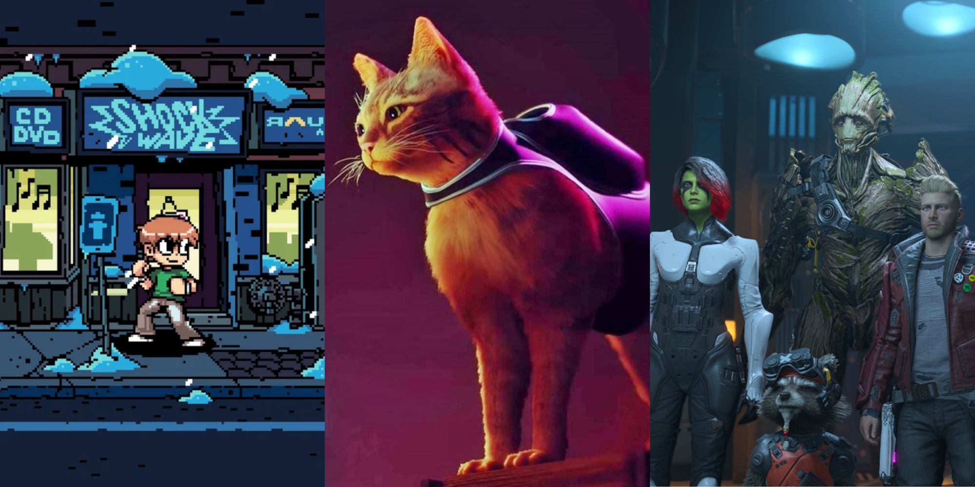 Split image of the Scott Pilgrim game, Stray and Guardians of the Galaxy