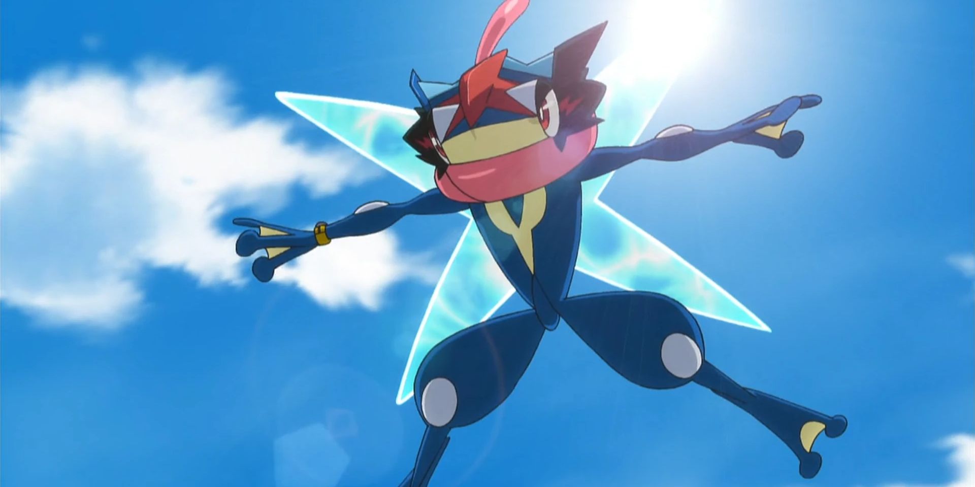 Ash's Greninja from the Pokémon anime flies through the air.