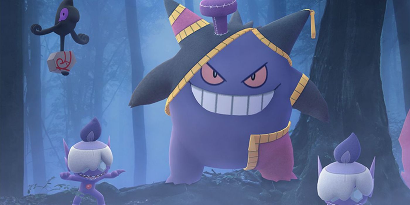 Pokémon GO Halloween event featuring a dressed-up Gengar with other Ghost species.