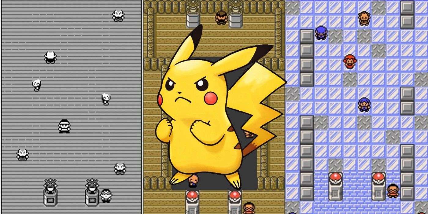 Three classic gym puzzle screens from Pokémon games, with an angry Pikachu standing over them.