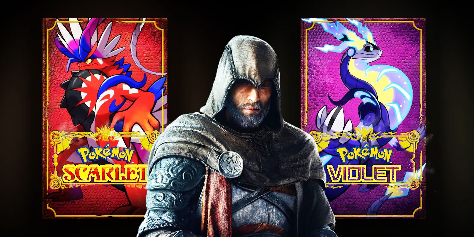 Assassin's Creed's Basim standing with the covers for Pokemon Scarlet and Violet