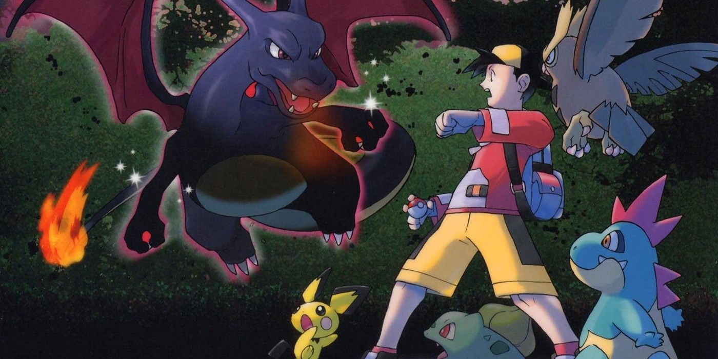 Arte oficial de Pokémon mostrando um encontro de Shiny Charizard nos jogos Gold e Silver.